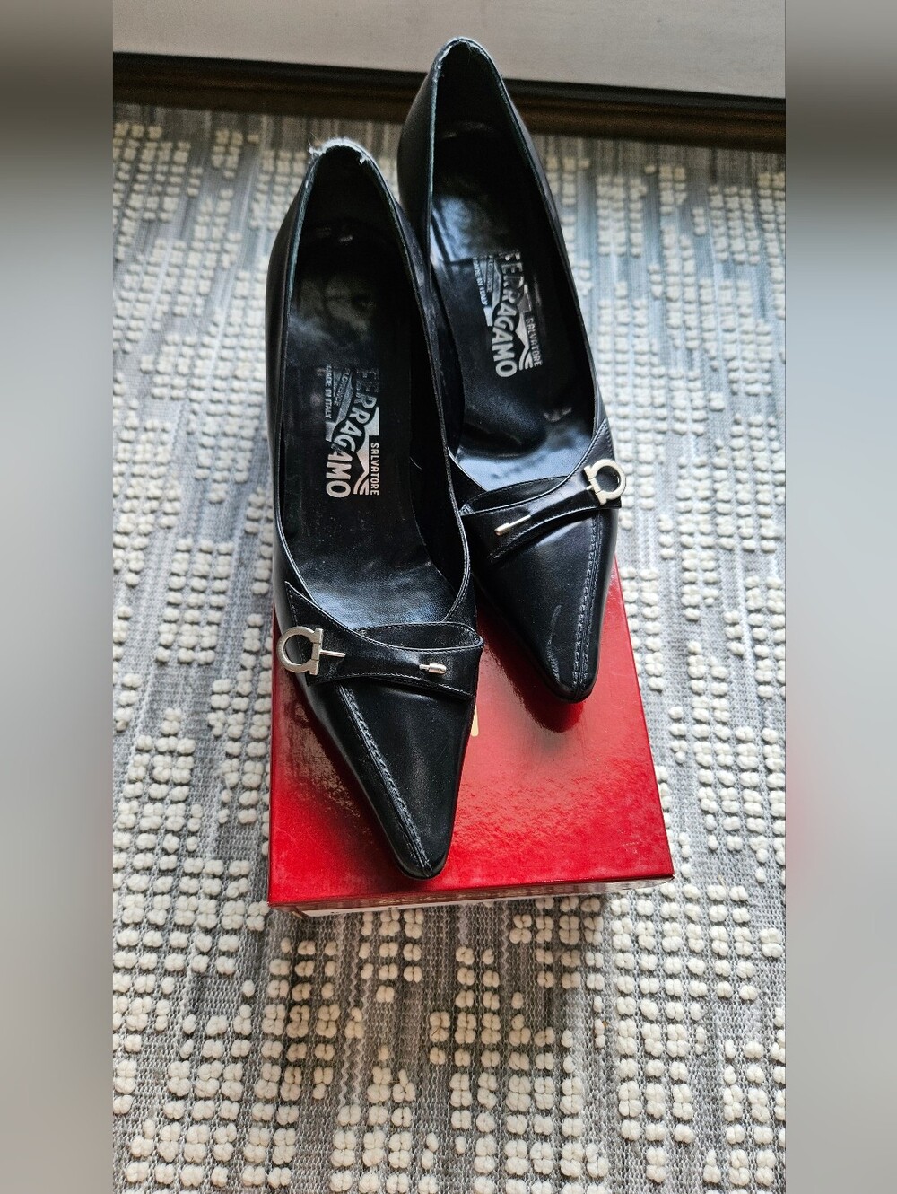 Salvatore Ferragamo Black Pointed Leather Heels with Silver Hardware